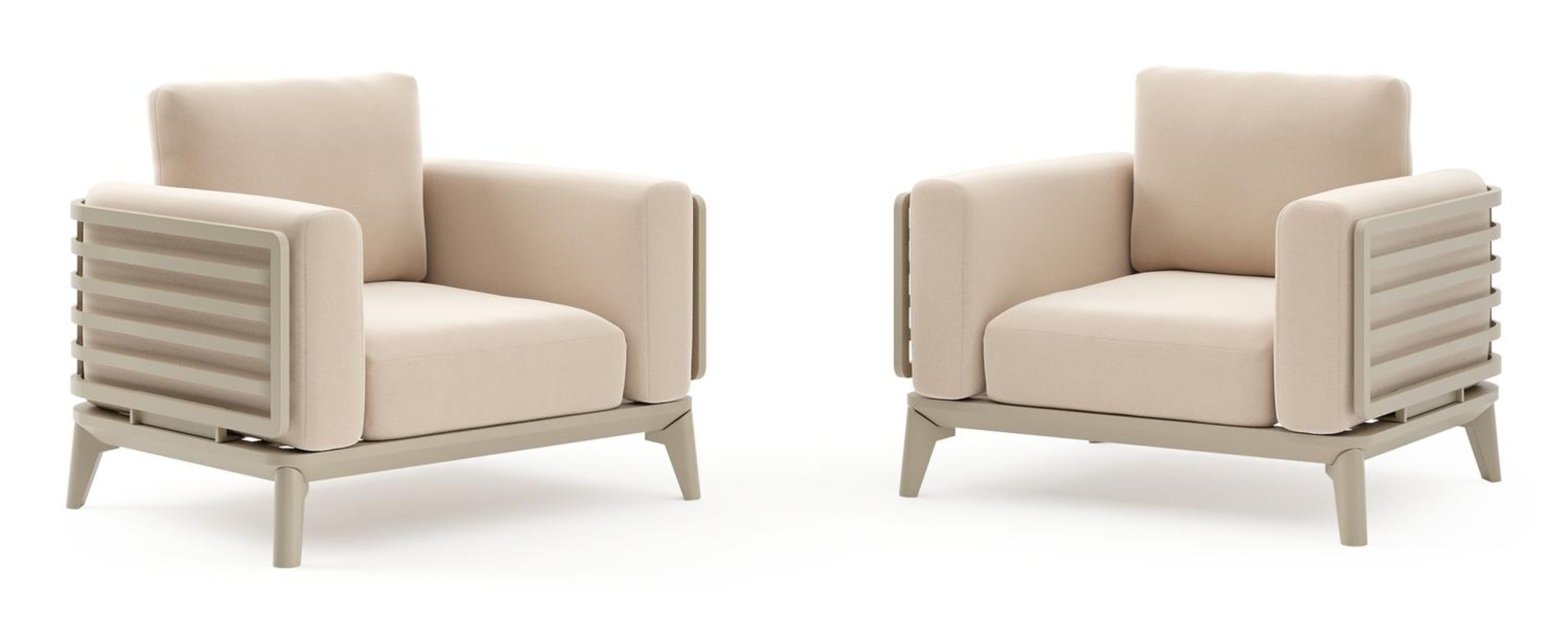 Set van 2 Mosa loungestoelen in beige aluminium met natte linen chalk all weather sunbrella® premium kussens