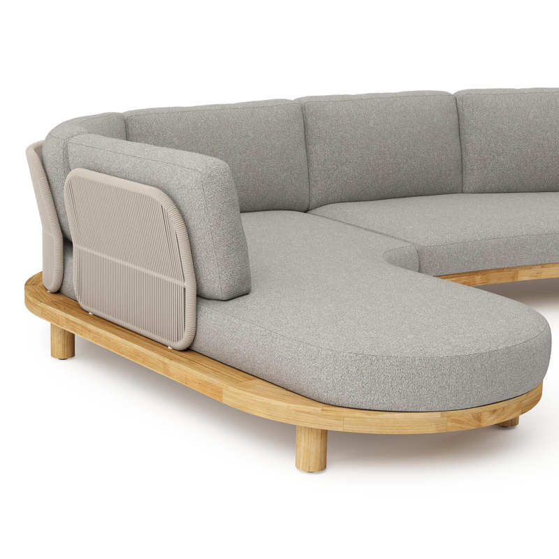 Donato loungehoek in teak en beige verticaal geweven ronde rope met all weather sunbrella® luxe Tundra Charcoal kussen