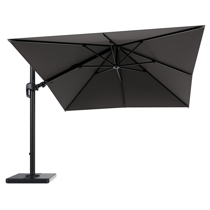Rufina zweefparasol tiltfunctie in zwart aluminium en parasoldoek in All Weather Sunbrella® Luxe Natte Nature Grey - L1 300 x L2 300 cm met parasolvoet Lapido 120 kg