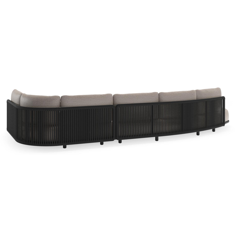 Lomano loungehoek in zwart aluminium en zwart verticaal geweven luxe vlakke rope met wander granite all weather sunbrella® luxe kussen