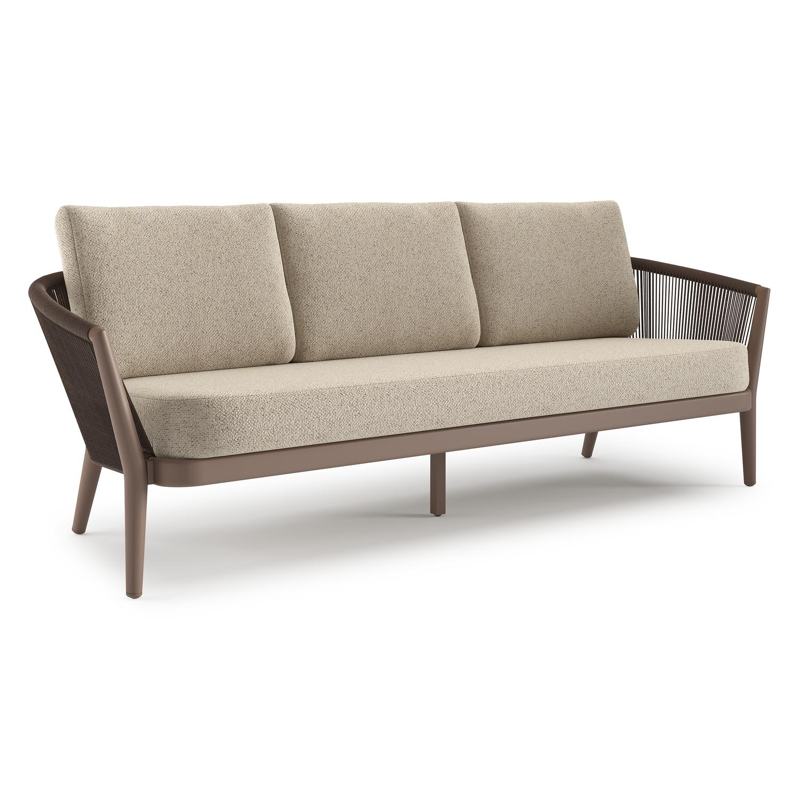 Canapé de jardin Orso en aluminium taupe en corde ronde tissée verticalement noir et coussins en all weather cosytica Bora Desert