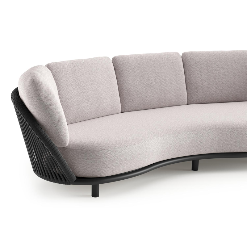 Lupino loungebank in zwart aluminium en zwart verticaal geweven luxe vlakke brede rope met wander gobi all weather sunbrella® luxe kussen