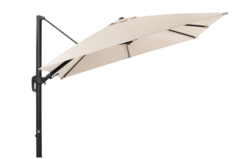 Rufina zweefparasol met tiltfunctie in zwart aluminium met beige all weather sunbrella® premium parasoldoek - L1 300 x L2 300 cm (zonder voet)
