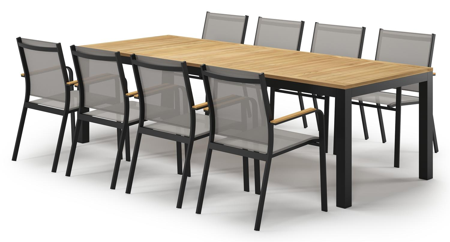 Varese tuinset in zwart aluminium en naturel teak tafelblad met 8 stapelbare Amalfi tuinstoelen