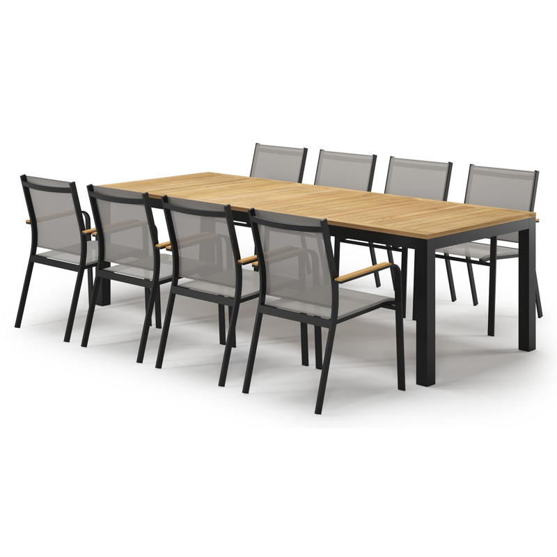 Varese tuinset in zwart aluminium en naturel teak tafelblad met 8 stapelbare Amalfi tuinstoelen