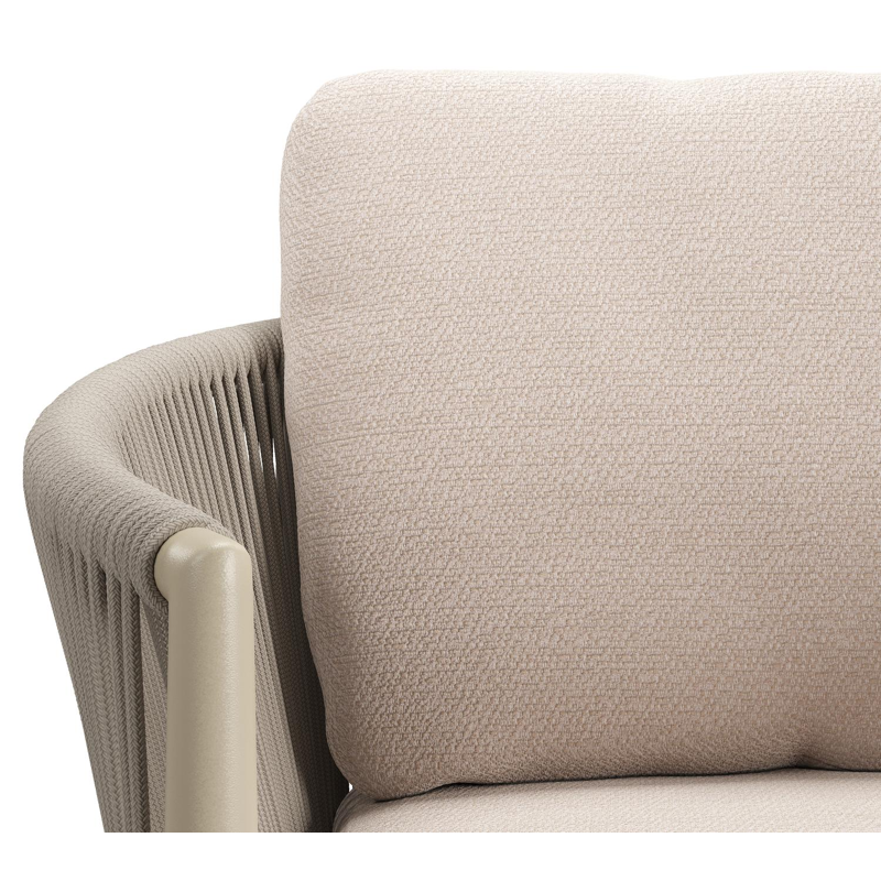 Organo tuinstoel in zwart aluminium en beige verticaal geweven ronde rope met stoelkussen in All Weather Sunbrella® Luxe Wander Pilat