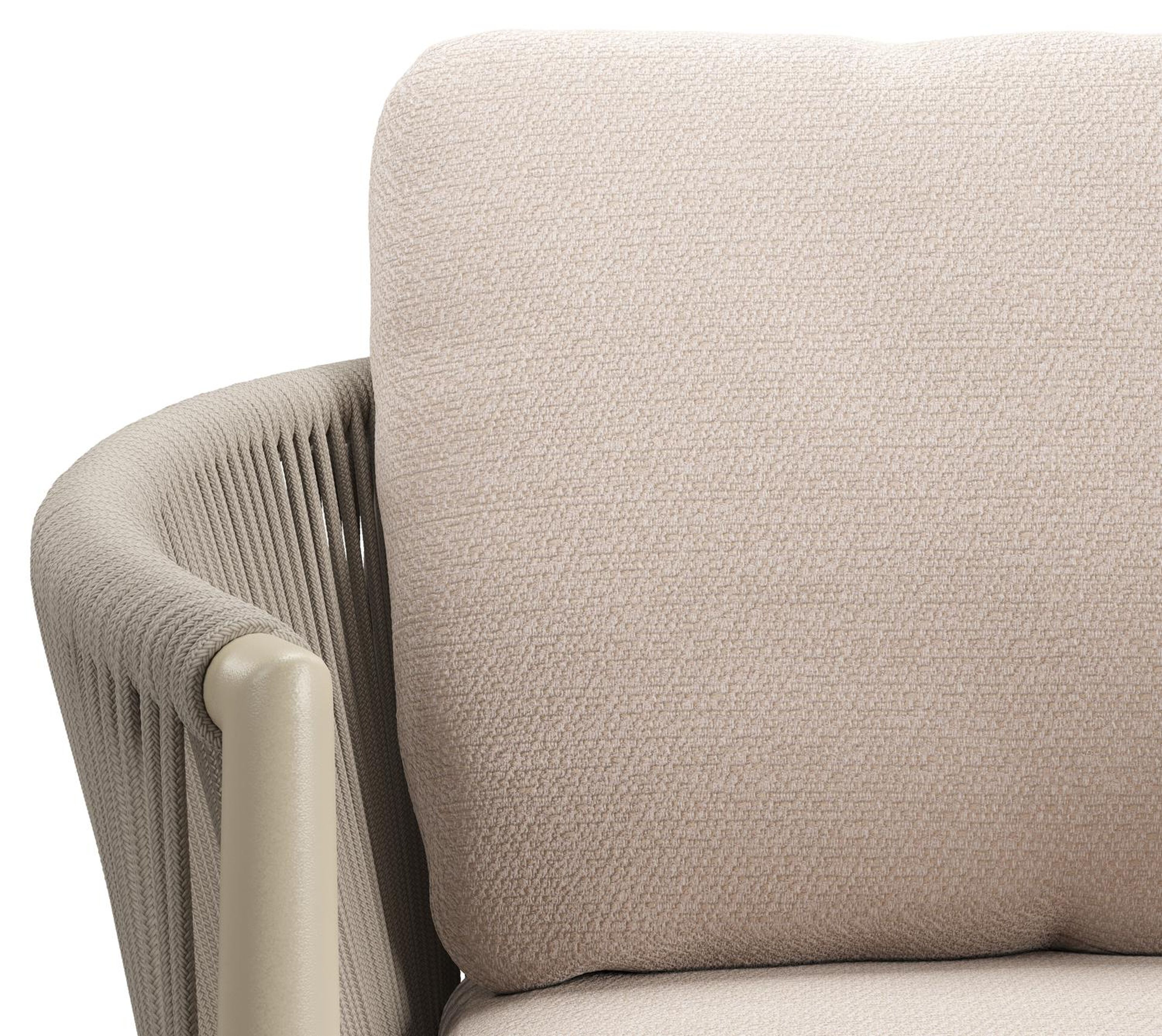 Chaise de jardin Organo en aluminium noir et corde ronde tissée verticalement beige avec coussin en All Weather Sunbrella® Luxe Wander Pilat