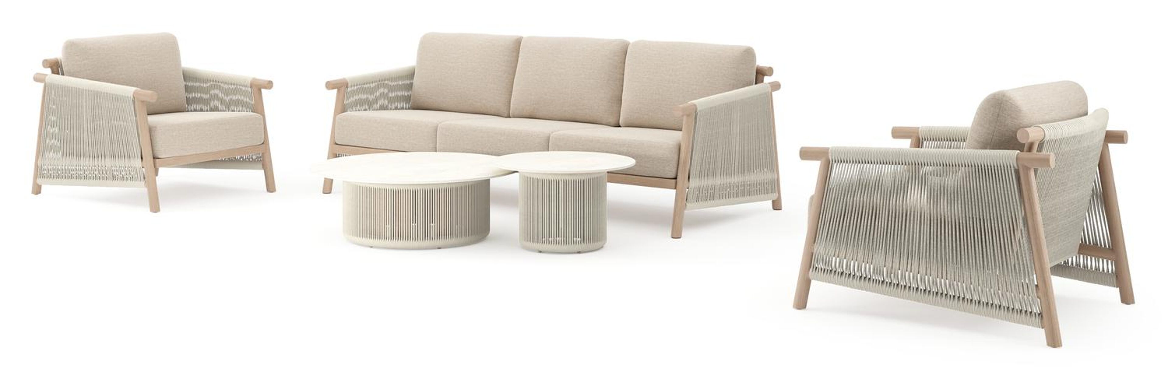 Salon de jardin Erla en corde ronde tissée verticalement beige et coussins en weather+ softtouch rustic et table basse