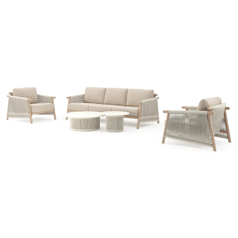 Salon de jardin Erla en corde ronde tissée verticalement beige et coussins en weather+ softtouch rustic et table basse