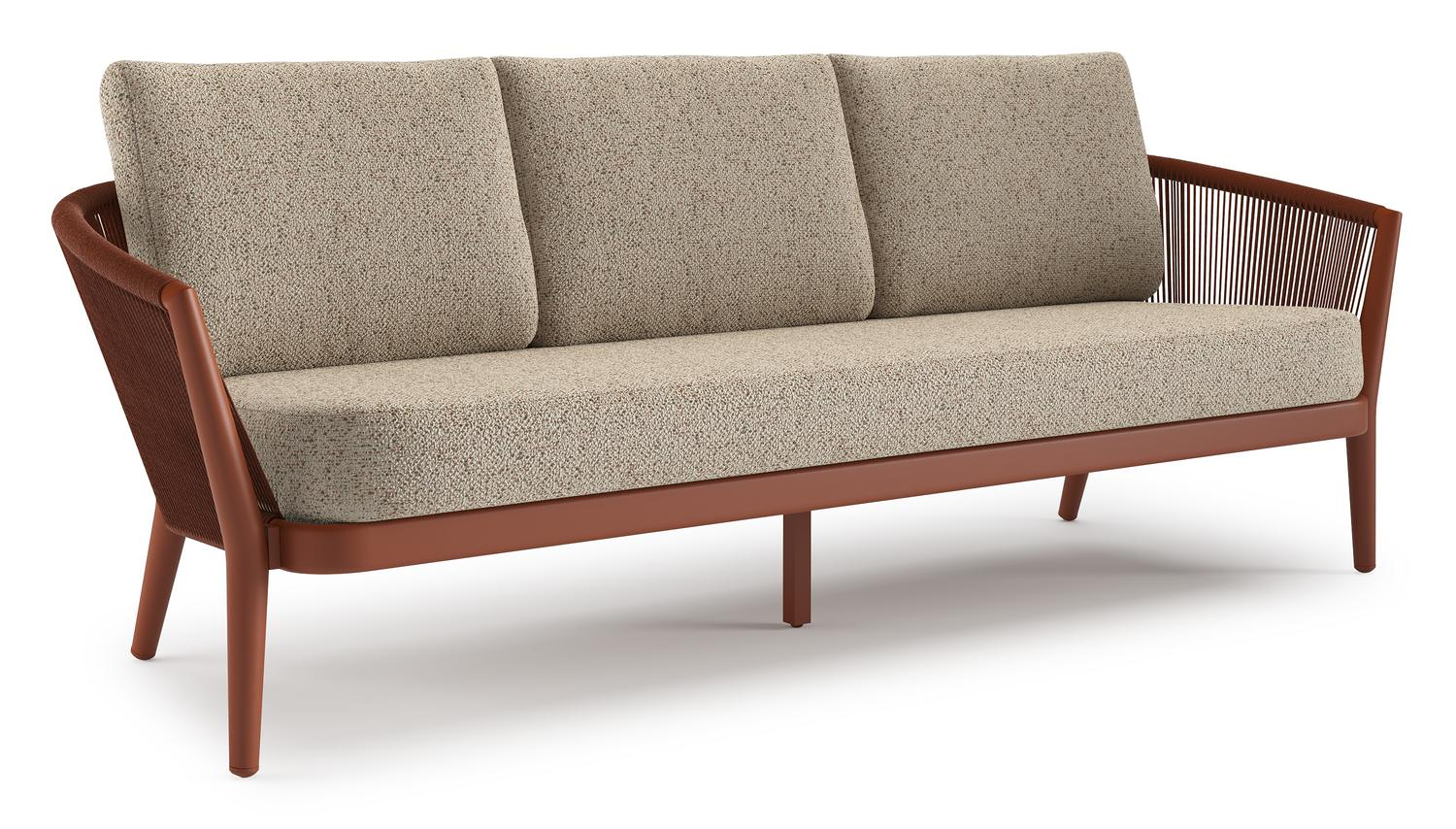 Orso loungebank in roestbruin aluminium en roestbruin verticaal geweven ronde rope met Bora Jungle all weather cosytica kussen