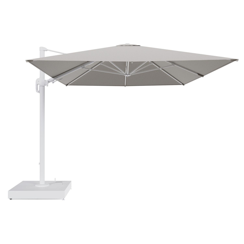 Rufina zweefparasol met tiltfunctie in wit aluminium en Firenze Sand All Weather Solica parasoldoek - L1 400 x L2 300 cm met parasolvoet Minore 260 kg met wielen