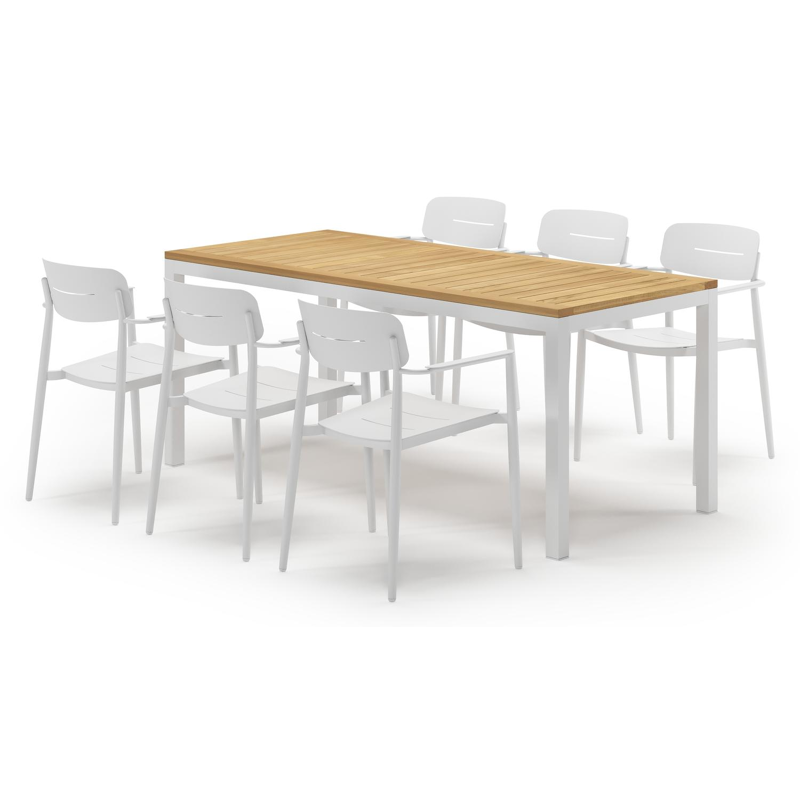 Feltro tuinset in wit aluminium en teak met 6 stapelbare Cosa tuinstoelen