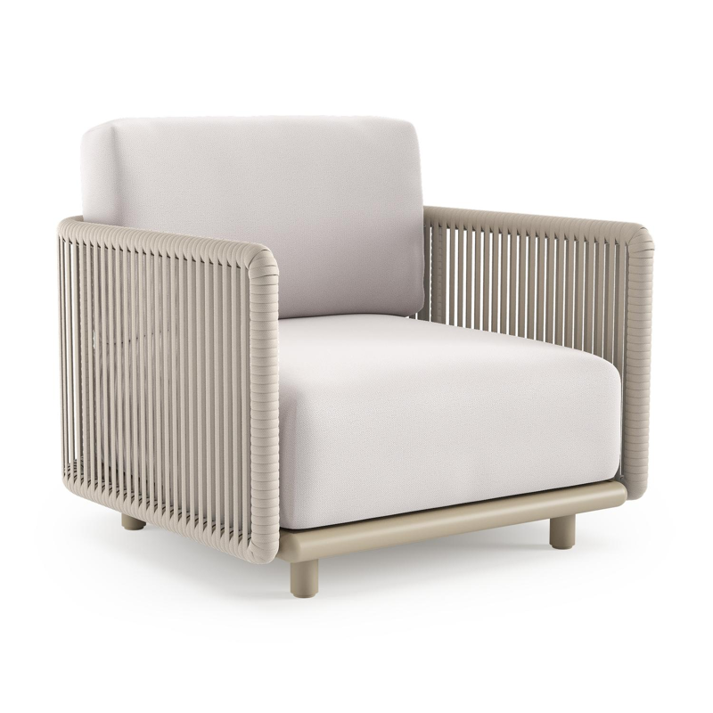 Organo loungestoel in beige aluminium en beige verticaal geweven luxe vlakke rope met savane whisper all weather Sunbrella® luxe kussen