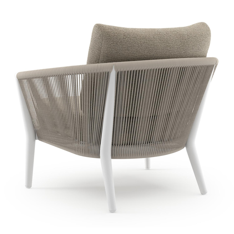 Fauteuil de jardin Orso en aluminium blanc en corde ronde tissée verticalement beige et coussins en all weather cosytica Catania Beige