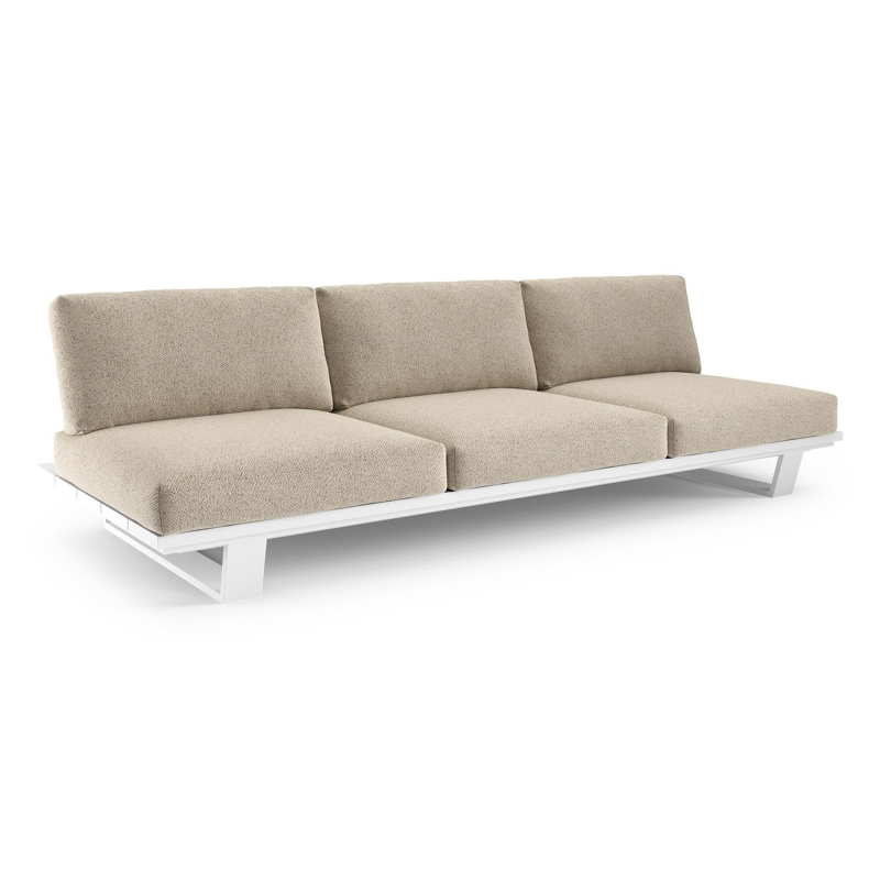 Canapé de jardin Pagino en aluminium blanc et coussins en all weather cosytica bora desert