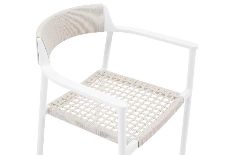 Fiordo tuinstoel in wit aluminium en beige vierkant geweven ronde rope 