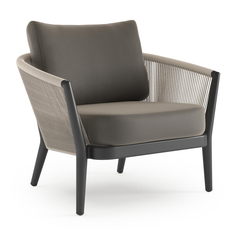 Orso loungestoel in zwart aluminium en beige verticaal geweven ronde rope met Natte Carbon Beige all weather sunbrella® luxe kussen
