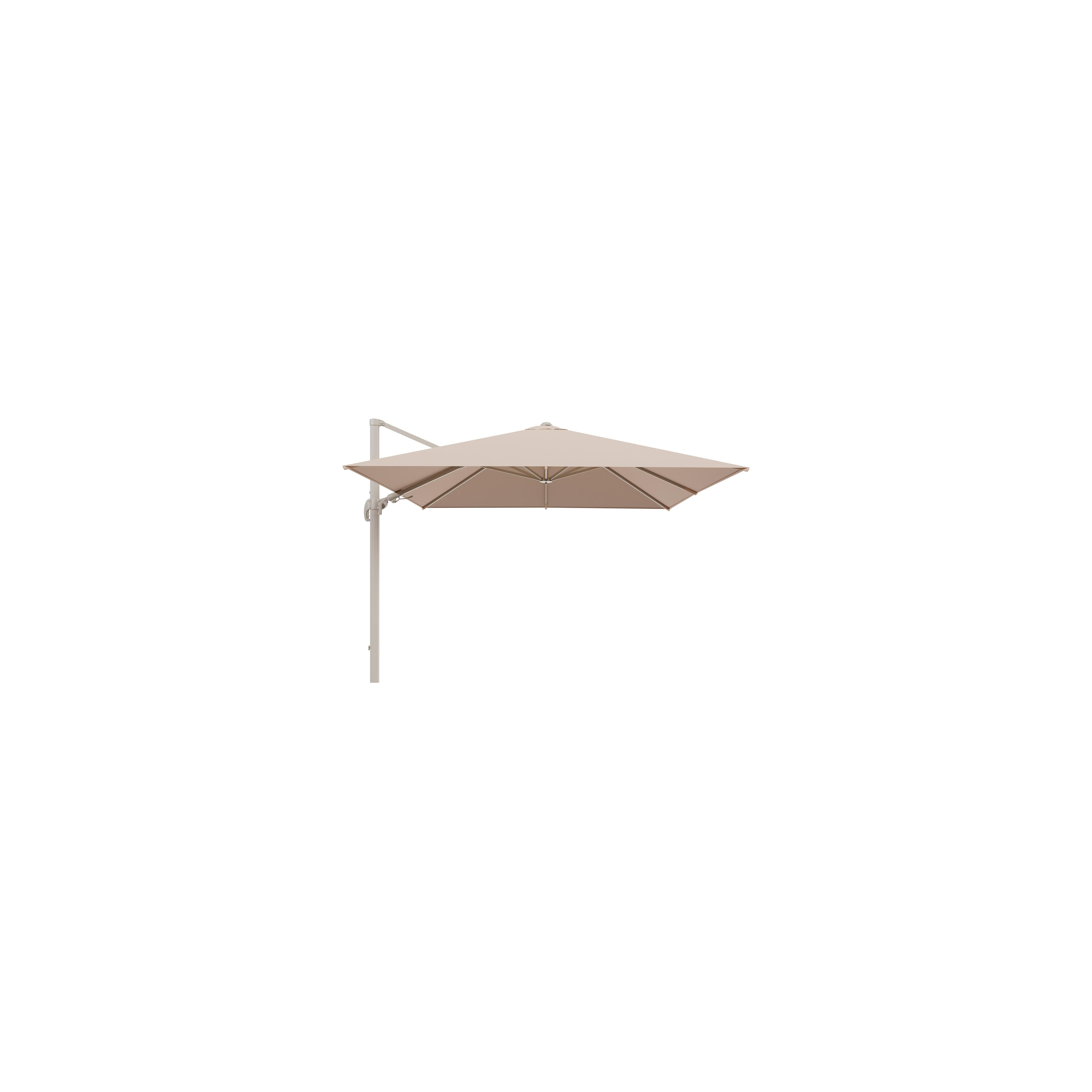Parasol pendant Avola avec fonction tilt en aluminium beige et toile de parasol All Weather Sunbrella Premium Natte Linen Chalk – Lg.1 300 x Lg.2 300 cm (sans pied)