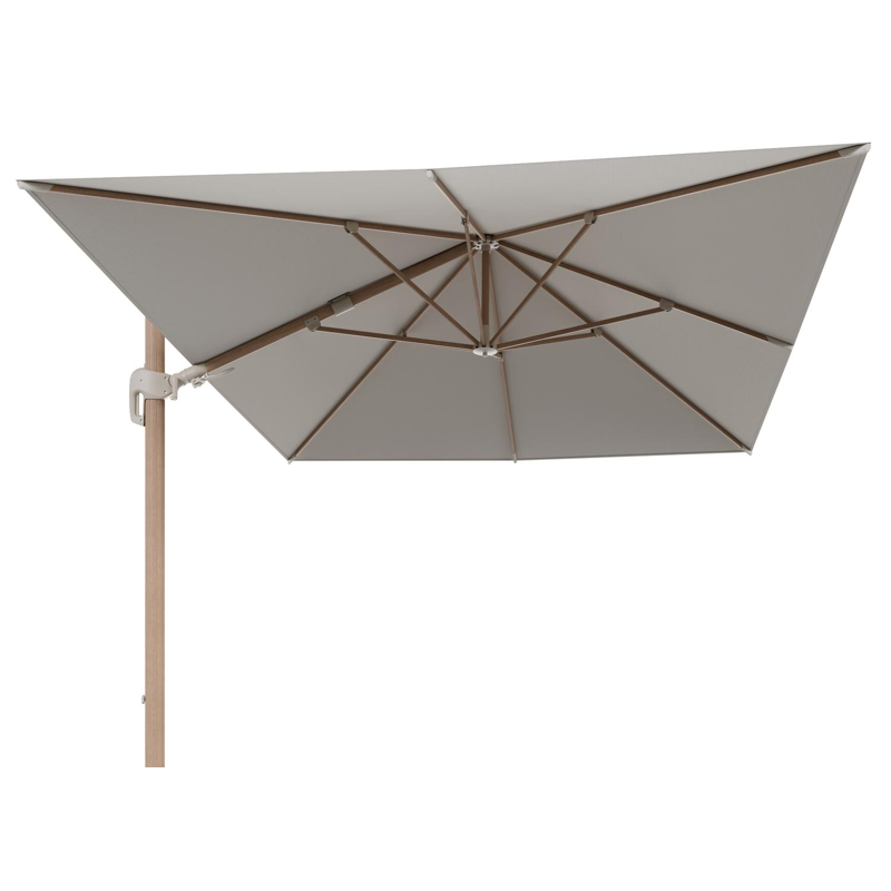 Rufina zweefparasol tiltfunctie in houtlook aluminium en parasoldoek in All Weather Sunbrella® Luxe Lopi Marble  - L1 400 x L2 300 cm (zonder voet)