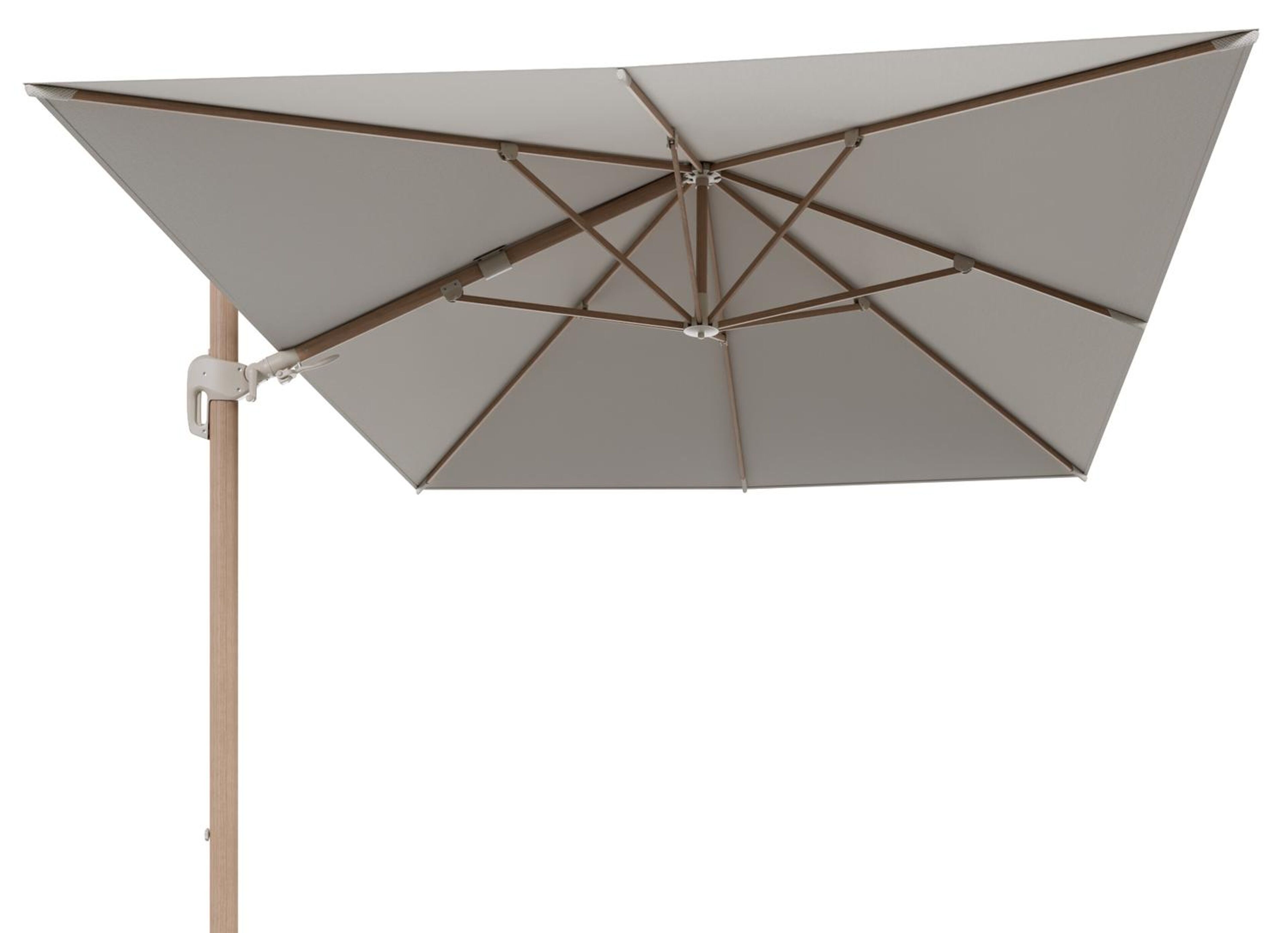 Rufina zweefparasol tiltfunctie in houtlook aluminium en parasoldoek in All Weather Sunbrella® Luxe Lopi Marble  - L1 400 x L2 300 cm (zonder voet)