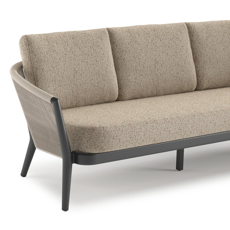 Orso loungebank in zwart aluminium en beige verticaal geweven ronde rope met Bora Jungle all weather cosytica kussen