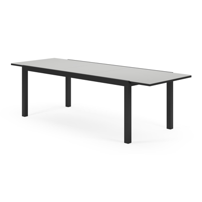 Oviedo tuinset met verlengbare tafel in zwart aluminium en grijs glas tafelblad met 8 stapelbare Oviedo tuinstoelen