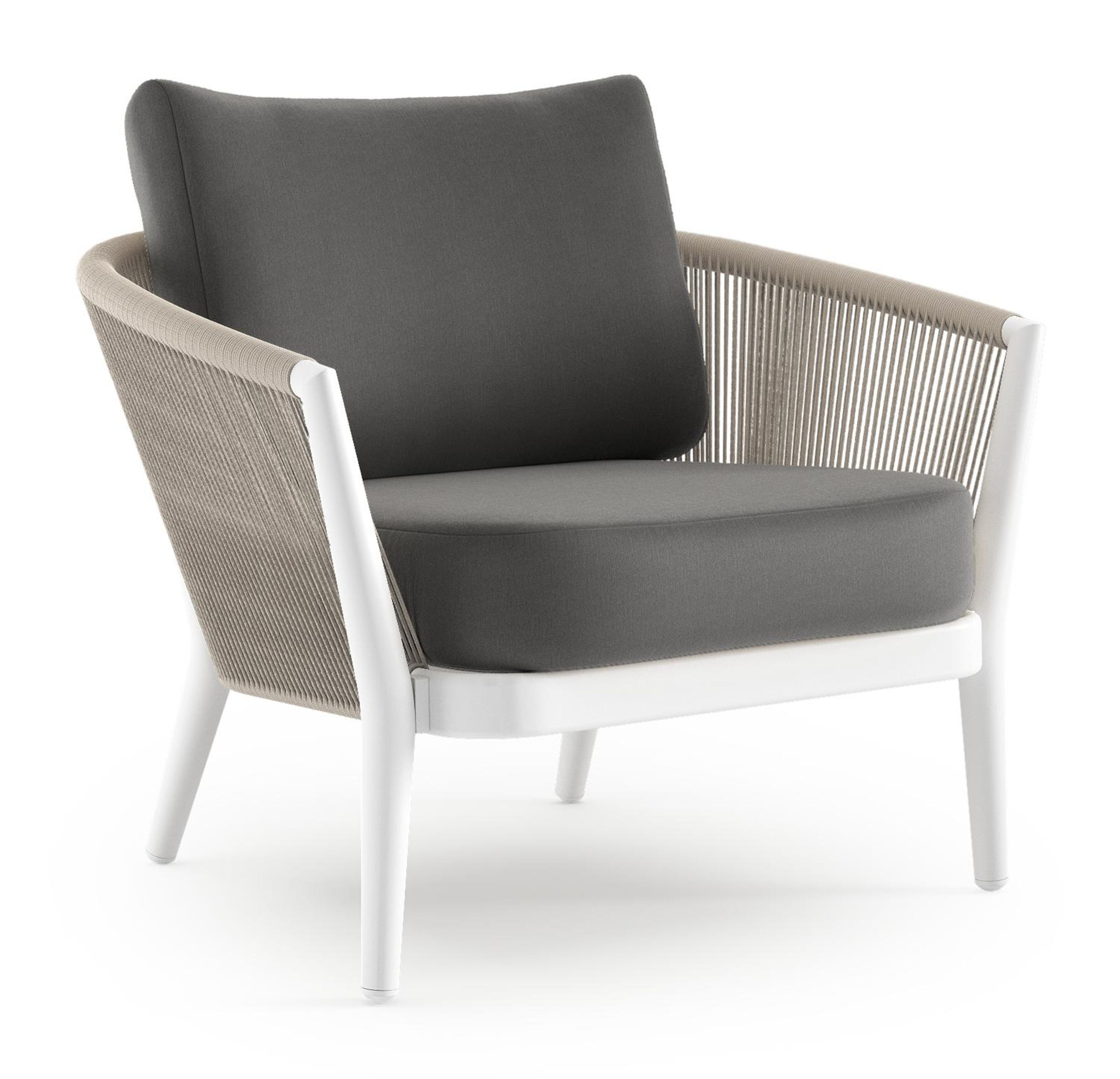 Fauteuil de jardin Orso en aluminium blanc en corde ronde tissée verticalement beige et coussins en all weather sunbrella® luxe Natte Charcoal Chine