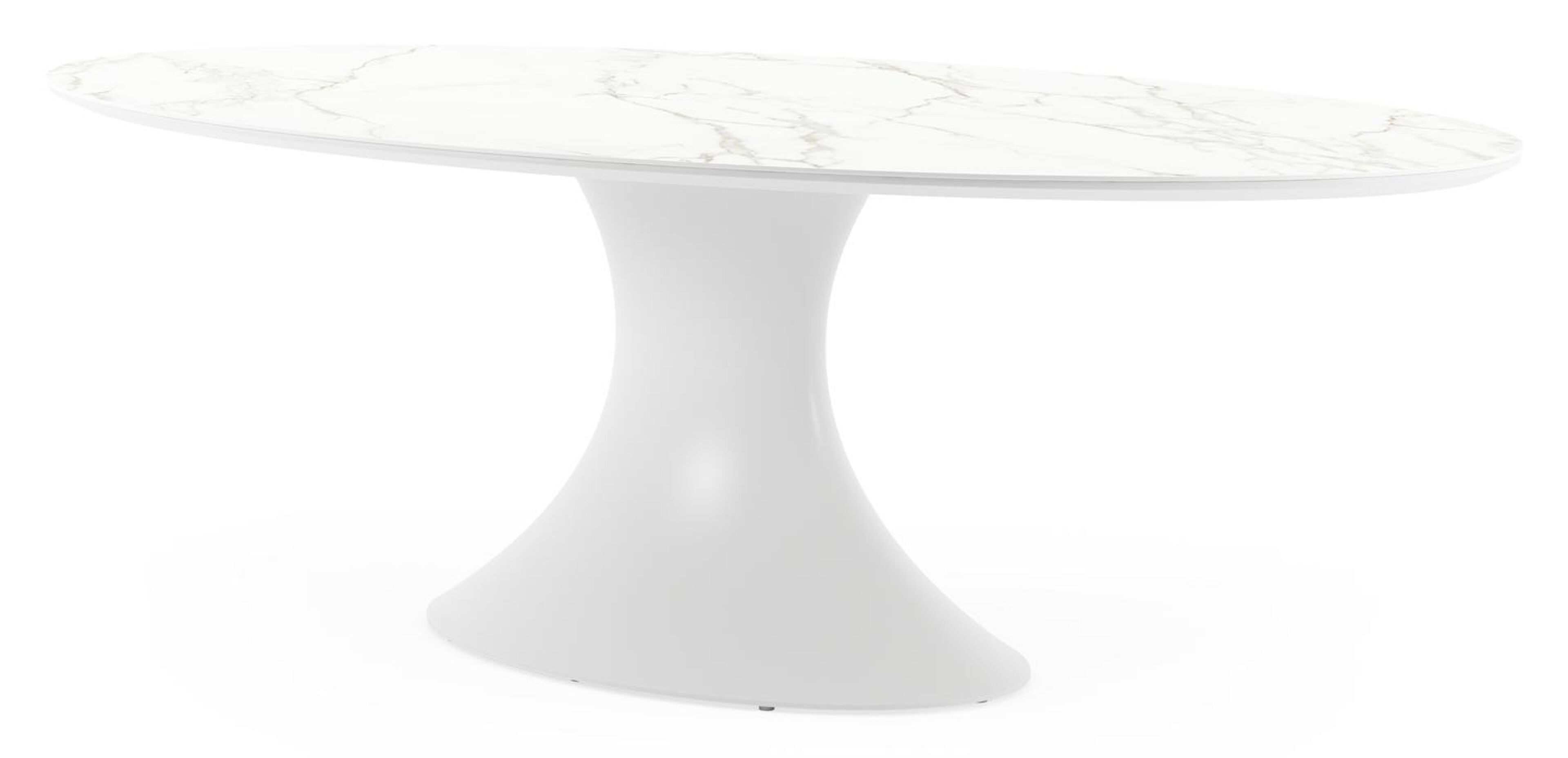 Table de jardin Fano ovale plat en aluminium blanc et céramique pleine calacatta - Lg. 240 x Lrg. 135 x Haut. 75 cm