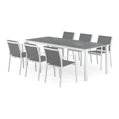 Trente tuinset in wit aluminium en grijs keramisch glas tafelblad met 6 stapelbare Bareto tuinstoelen