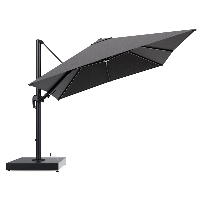 Rufina zweefparasol met tiltfunctie in zwart aluminium en Firenze Tunder All Weather Solica parasoldoek - L1 300 x L2 300 cm met parasolvoet Minore 260 kg met wielen