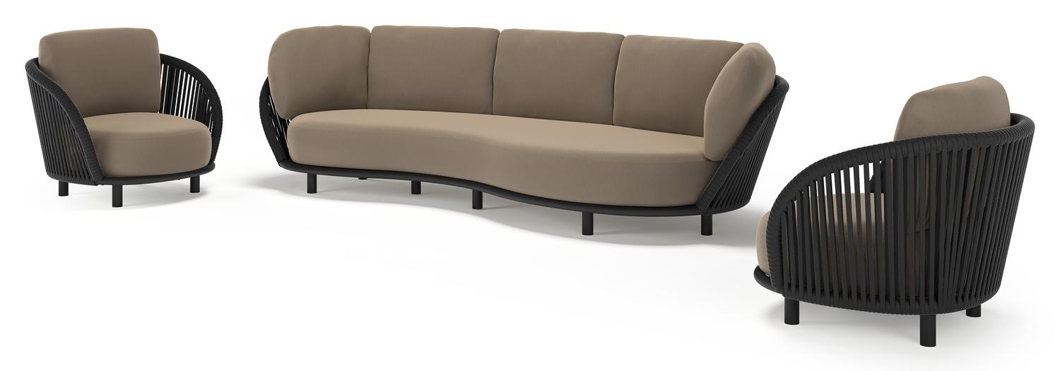 Lupino loungeset in zwart aluminium en zwart verticaal geweven luxe vlakke brede rope met natte heather grey all weather sunbrella® luxe kussen