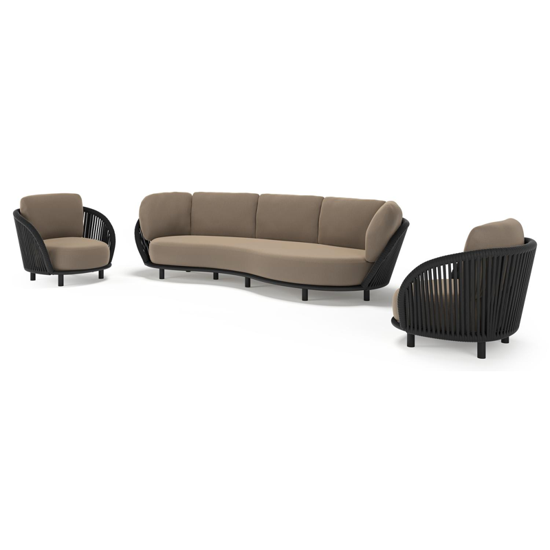 Lupino loungeset in zwart aluminium en zwart verticaal geweven luxe vlakke brede rope met natte heather grey all weather sunbrella® luxe kussen