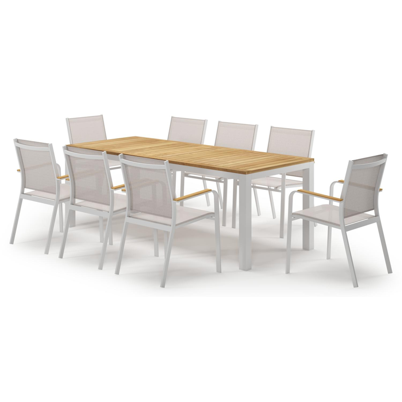 Ensemble de jardin Varese en aluminium blanc et teck avec 8 chaises de jardin Amalfi