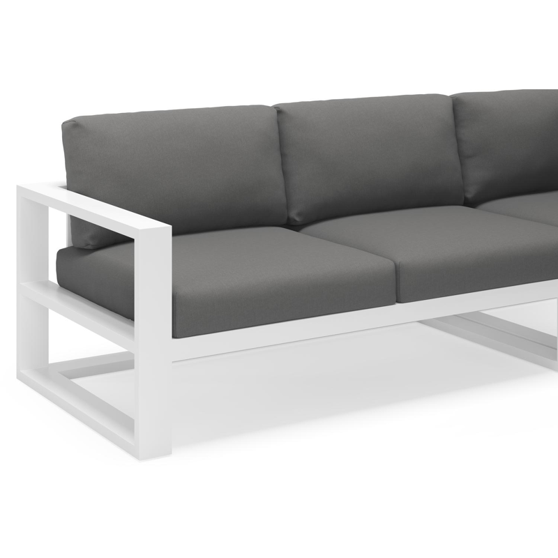 Verato loungehoek in wit aluminium met natte charcoal chine all weather sunbrella® luxe kussen