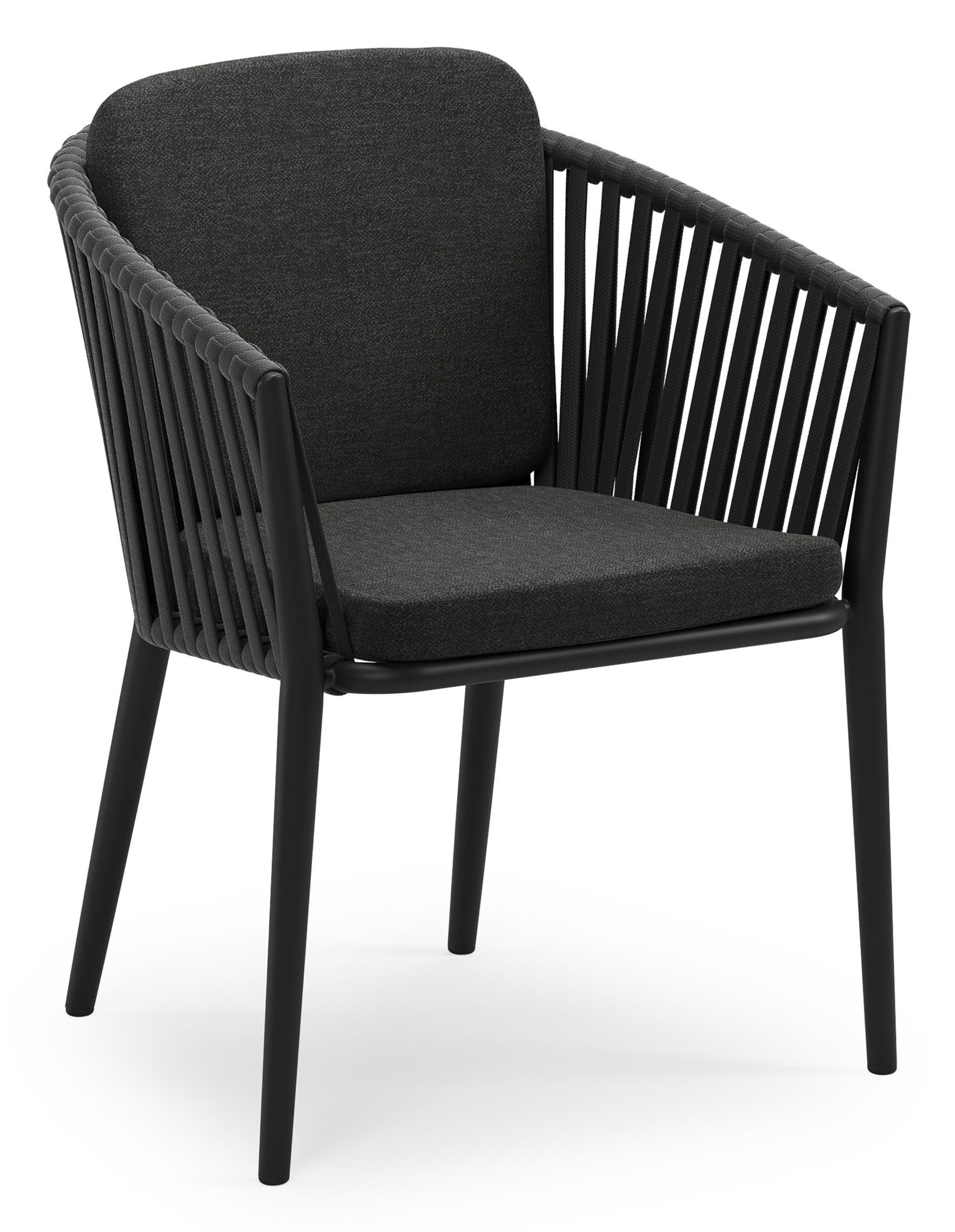 Orso stapelbare tuinstoel in zwart aluminium en zwart verticaal geweven luxe vlakke brede rope met stoelkussen in All Weather Sunbrella® Luxe Chartres Sooty