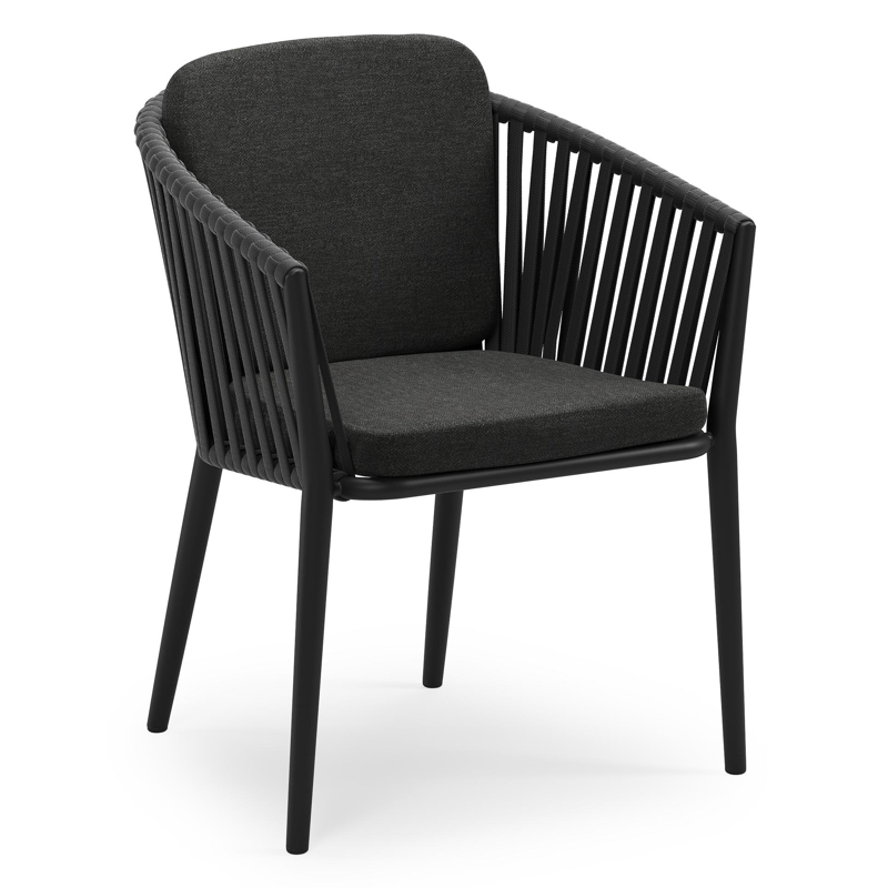 Orso stapelbare tuinstoel in zwart aluminium en zwart verticaal geweven luxe vlakke brede rope met stoelkussen in All Weather Sunbrella® Luxe Chartres Sooty