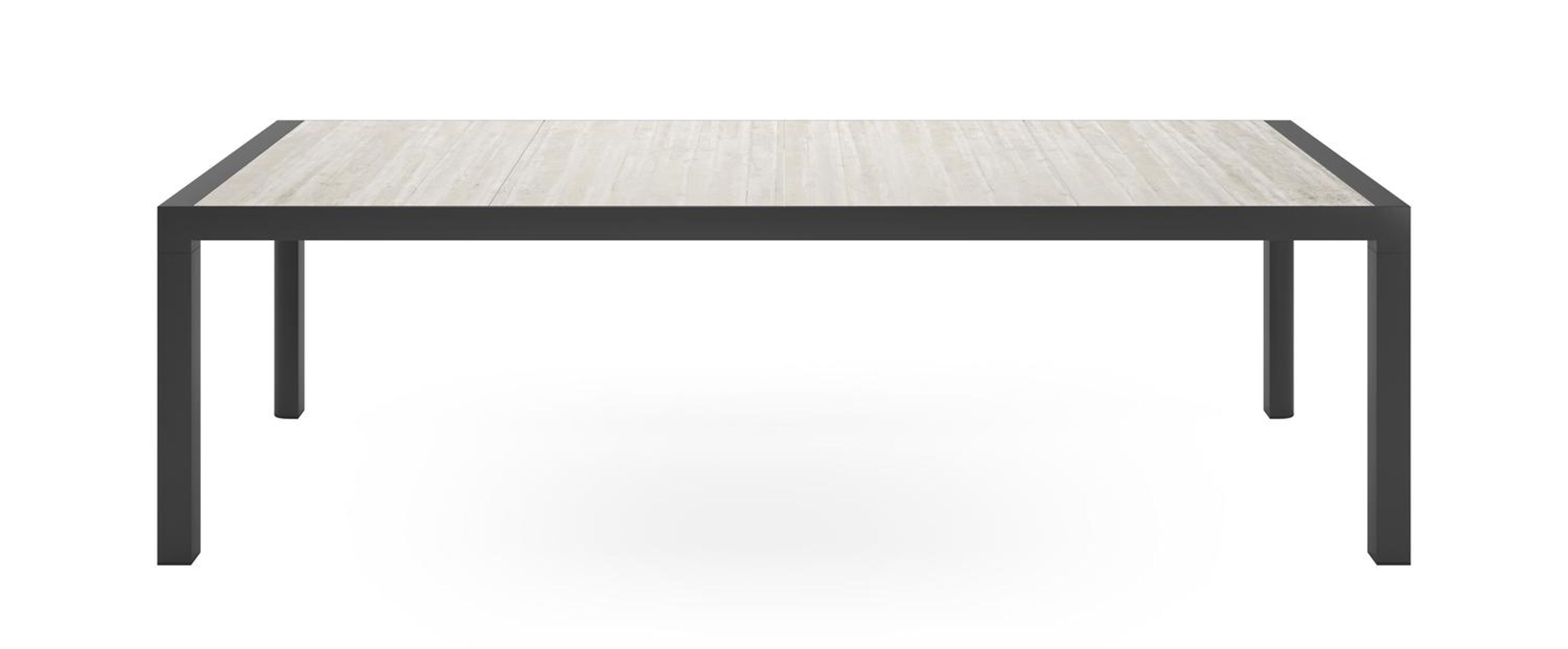 Madura tuinset in zwart aluminium en travertin keramische tegels tafelblad met 6 stapelbare Madura tuinstoelen