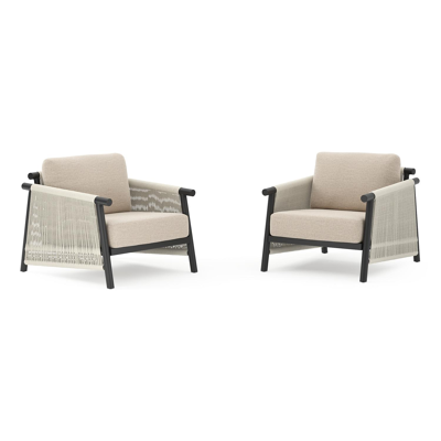 Set van 2 Erla loungestoelen in zwart aluminium en beige verticaal geweven ronde rope met rustic weather+ softtouch kussens