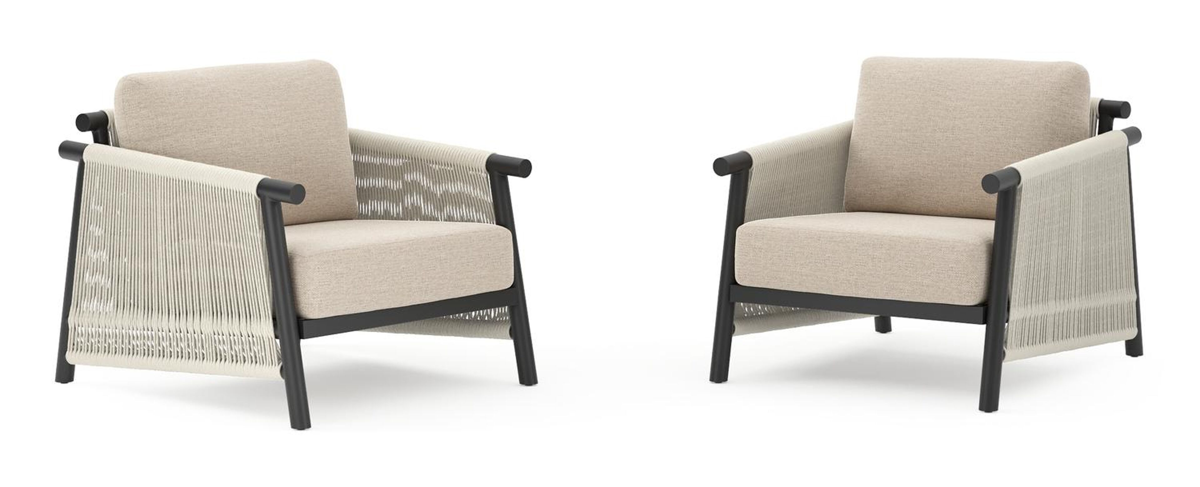 Set van 2 Erla loungestoelen in zwart aluminium en beige verticaal geweven ronde rope met rustic weather+ softtouch kussens