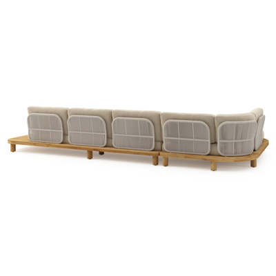 Donato loungehoek in teak en beige verticaal geweven ronde rope met all weather cosytica Althea Camel kussen