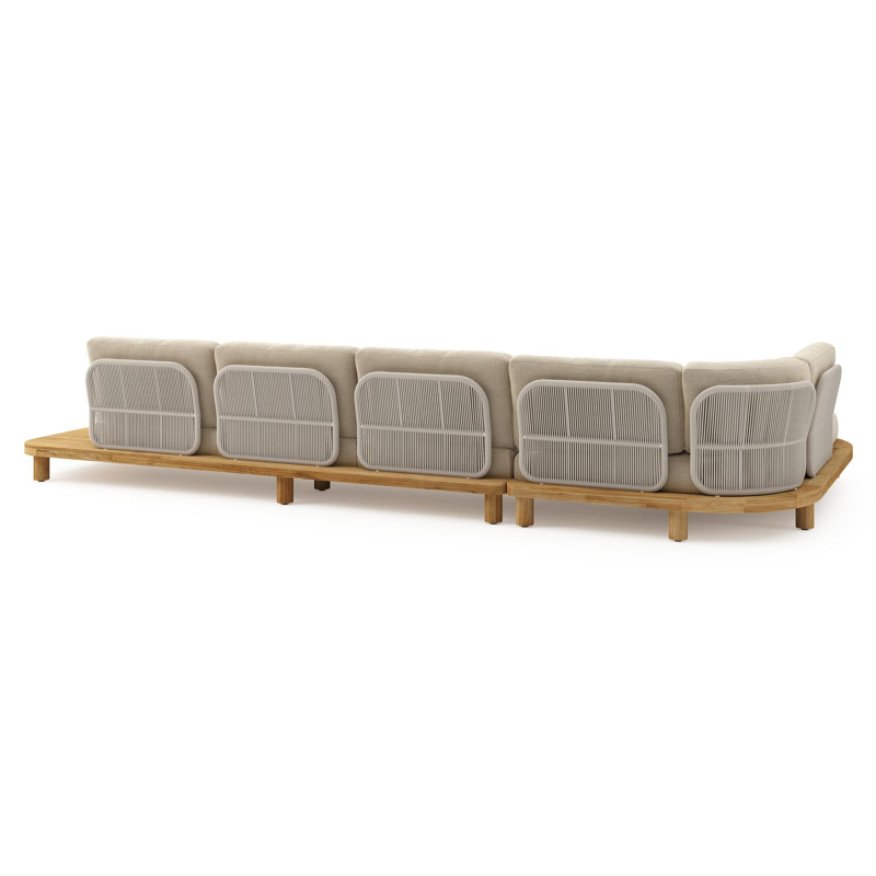 Donato loungehoek in teak en beige verticaal geweven ronde rope met all weather cosytica Althea Camel kussen