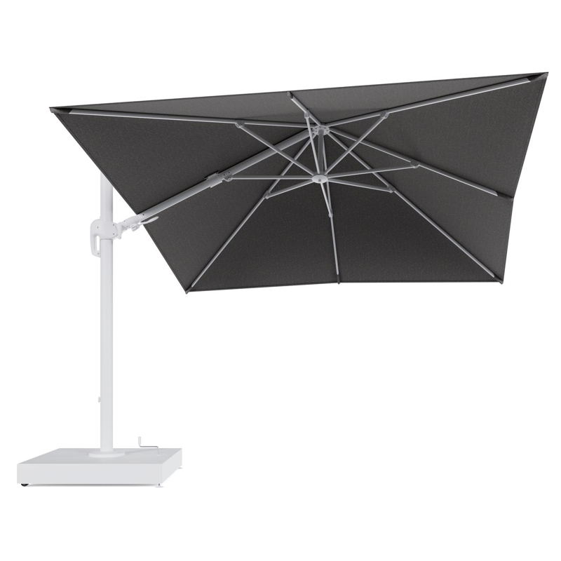 Rufina zweefparasol met tiltfunctie in wit aluminium en Chartres Drizzle All Weather Sunbrella® Luxe parasoldoek - L1 300 x L2 300 cm met parasolvoet Minore 260 kg met wielen