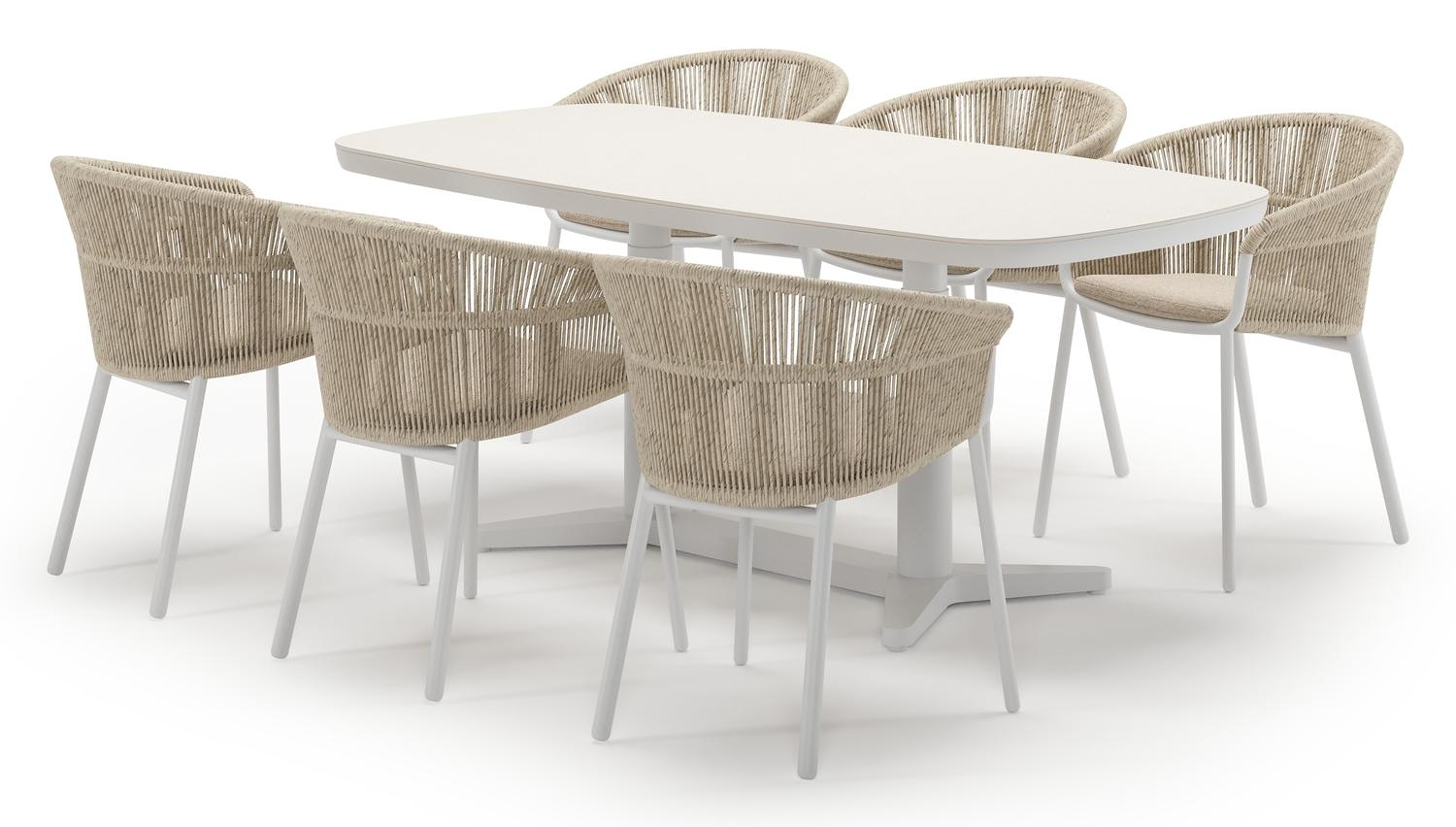 Tarsia tuinset bootvorm in wit aluminium en sintered stone Crema minerale met 6 Matera tuinstoelen