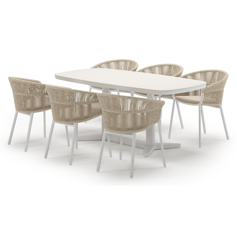 Tarsia tuinset bootvorm in wit aluminium en sintered stone Crema minerale met 6 Matera tuinstoelen