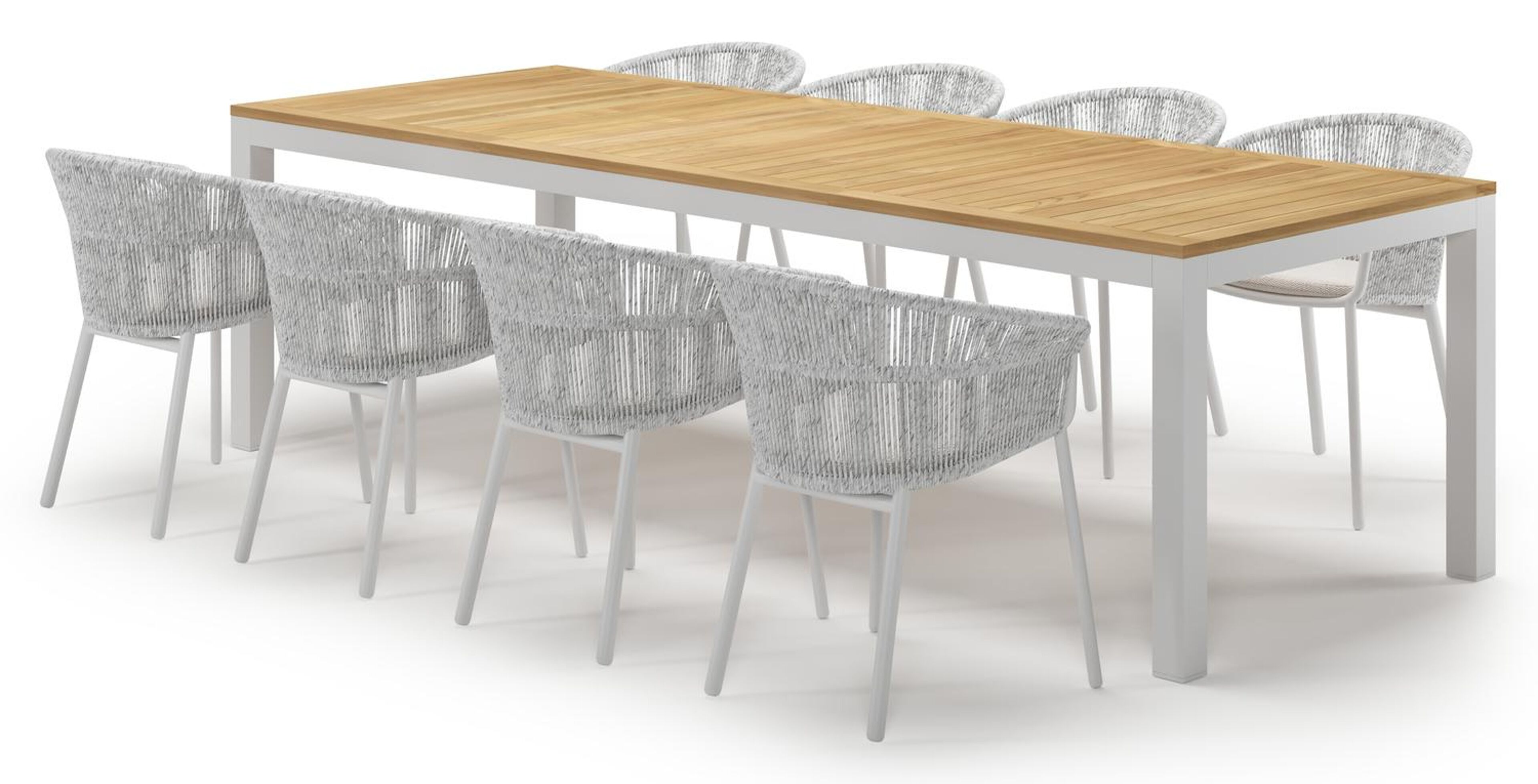 Varese tuinset in wit aluminium en teak met 8 Matera tuinstoelen