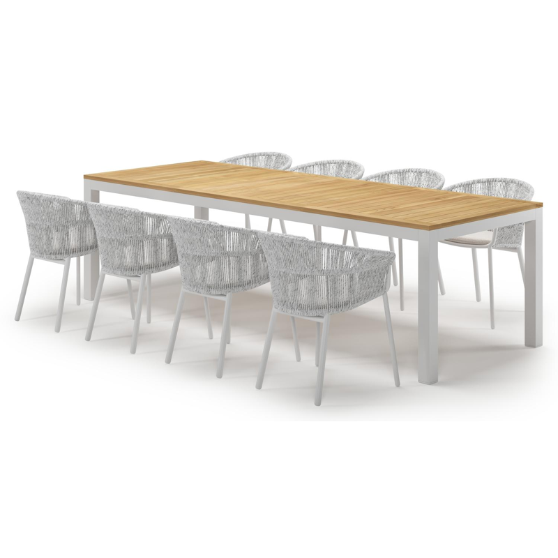 Varese tuinset in wit aluminium en teak met 8 Matera tuinstoelen