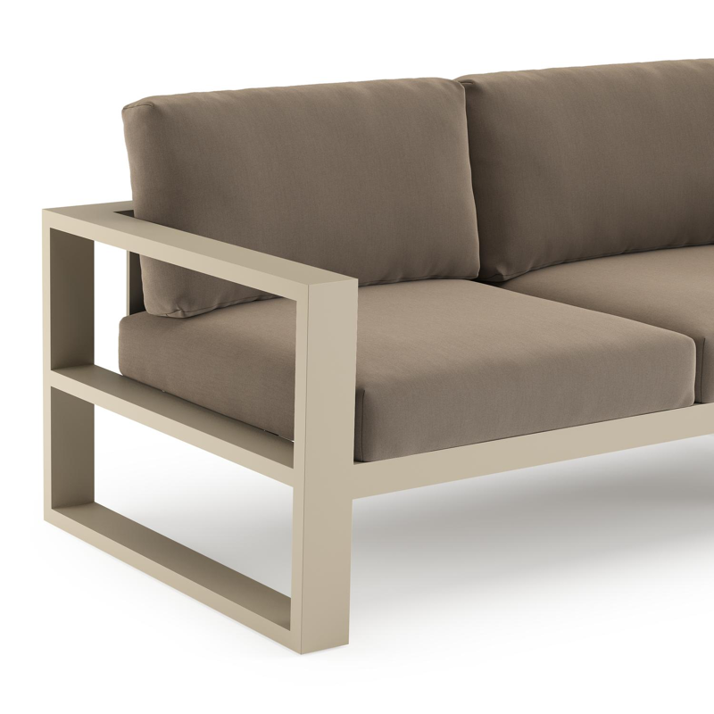 Verato loungehoek in beige aluminium met natte heather grey all weather sunbrella® luxe kussen