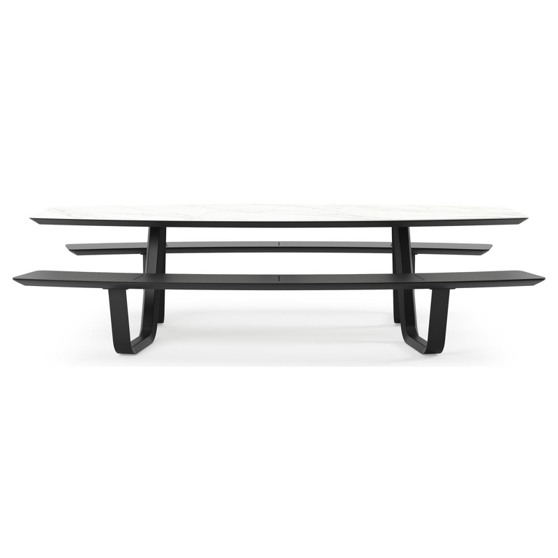 Forno picknicktafel bootvorm in zwart aluminium en volkeramiek Calacatta - L 280 x B 192 x H 72 cm