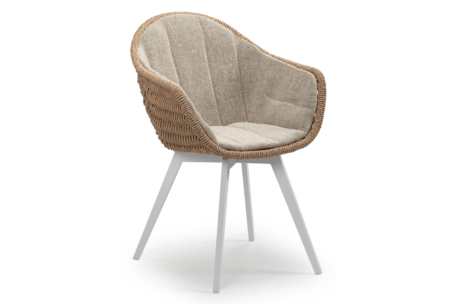 Chaise de jardin Pagino en aluminium blanc et résine tressée ronde naturel avec coussin en All Weather Sunbrella® Luxe Chartres Pewter