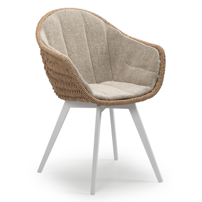 Pagino tuinstoel in wit aluminium en naturel ronde wicker met zitkussen in All Weather Sunbrella® Luxe Chartres Pewter